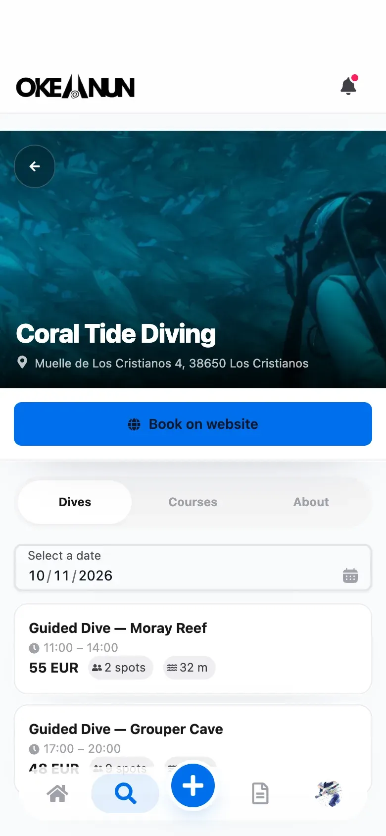 Dive center profile in the Okeanun app with its upcoming guided dives, prices and free spots