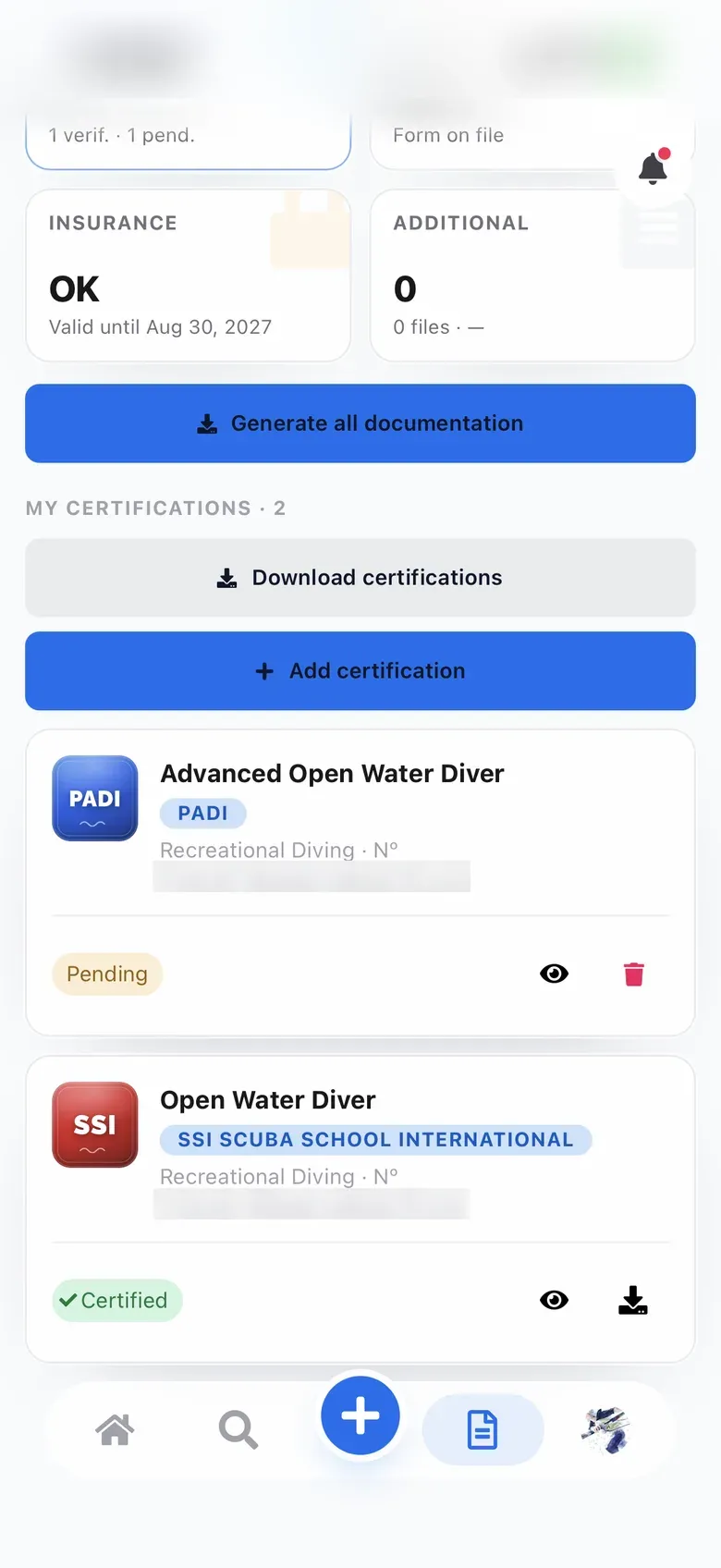 List of certifications in the Okeanun app, a PADI Advanced Open Water pending review and an SSI Open Water certified