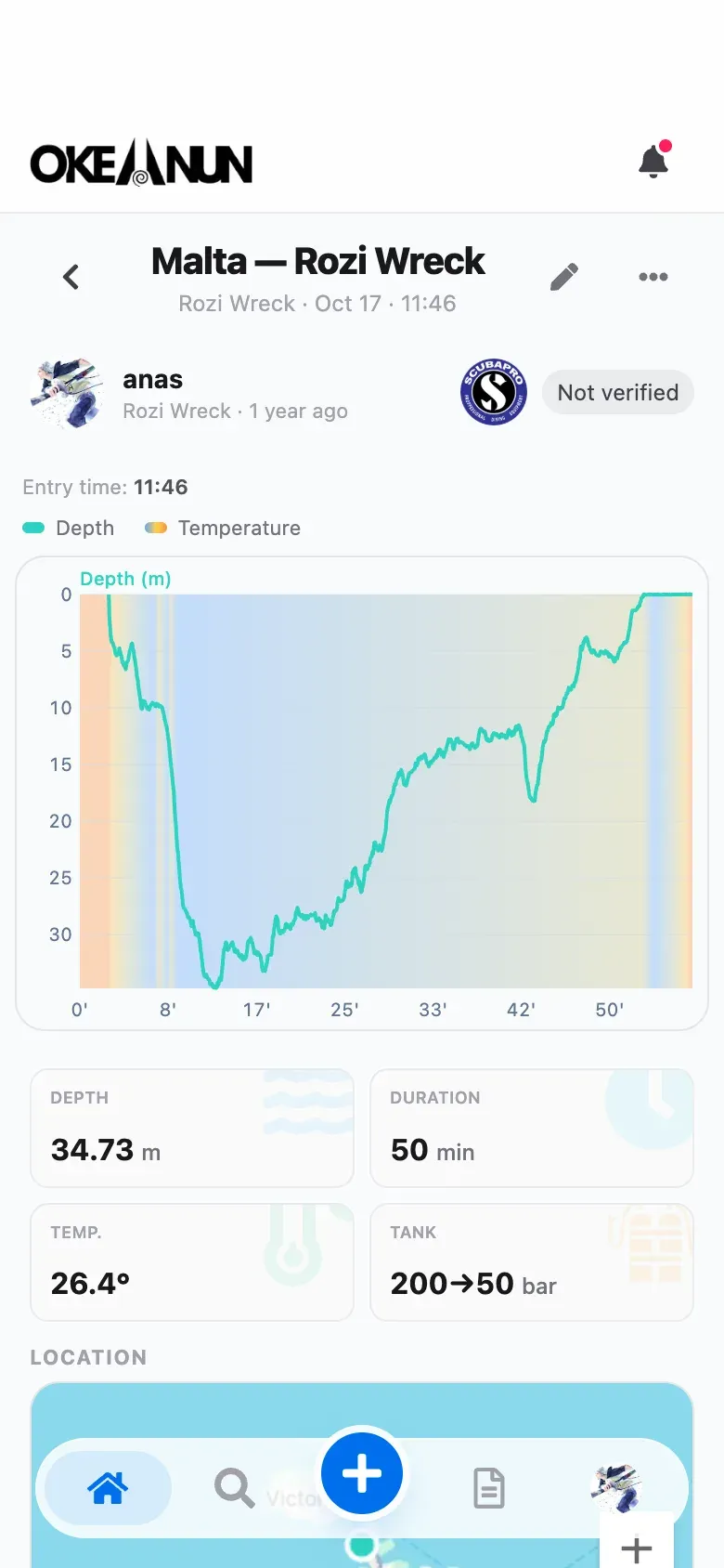 Detail of a dive imported from a dive computer with the depth profile and temperature