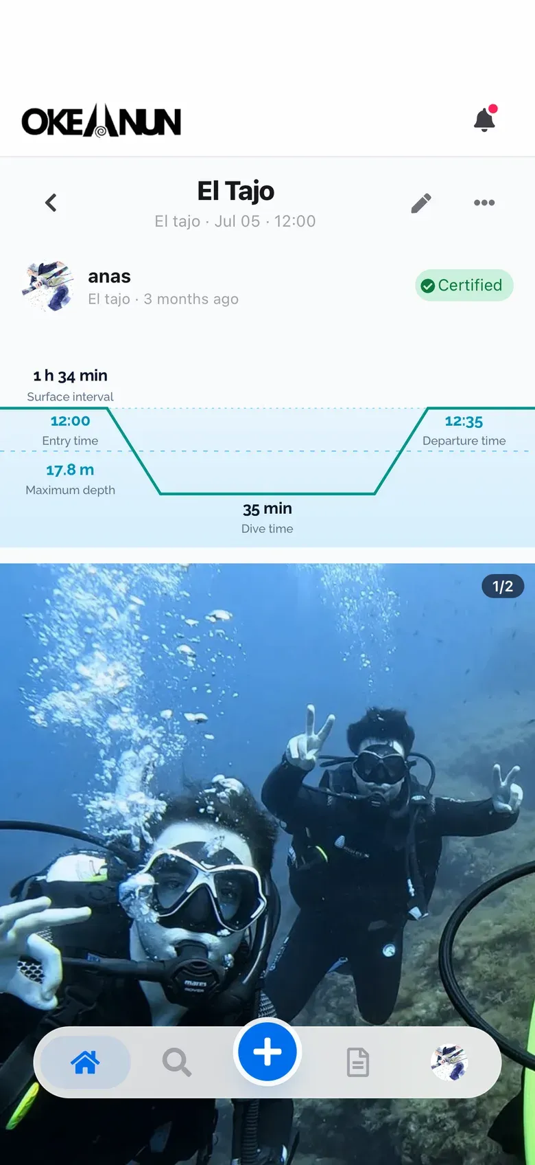 A dive in the Okeanun app log with the photo, maximum depth and duration