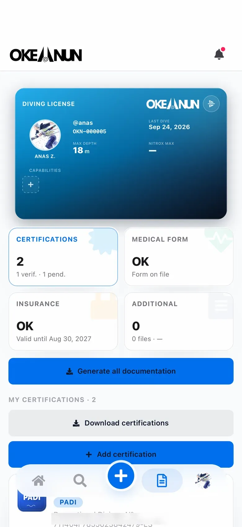 Diver documents in the Okeanun app: license, certifications, medical and insurance