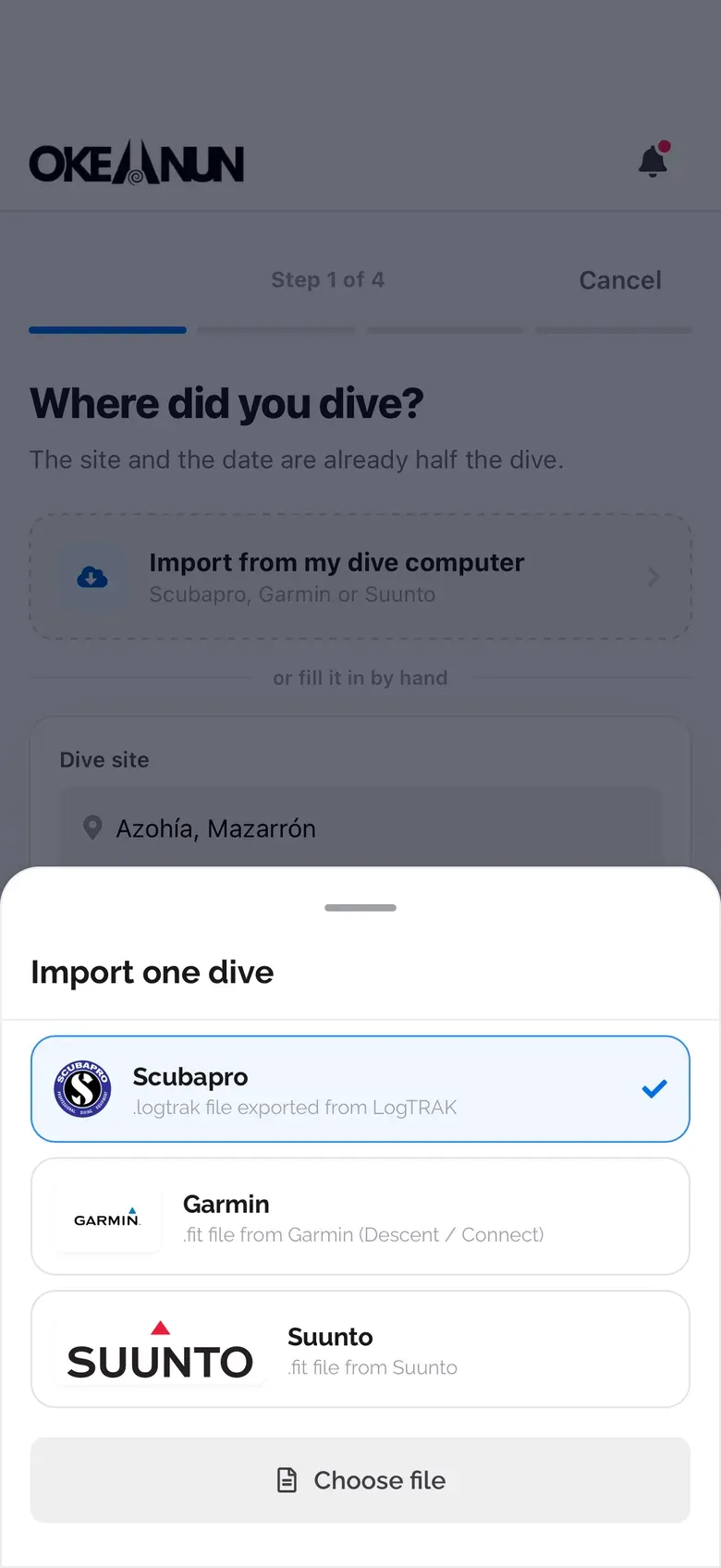 Import one dive in the Okeanun app, choosing between Scubapro LogTRAK, Garmin and Suunto files