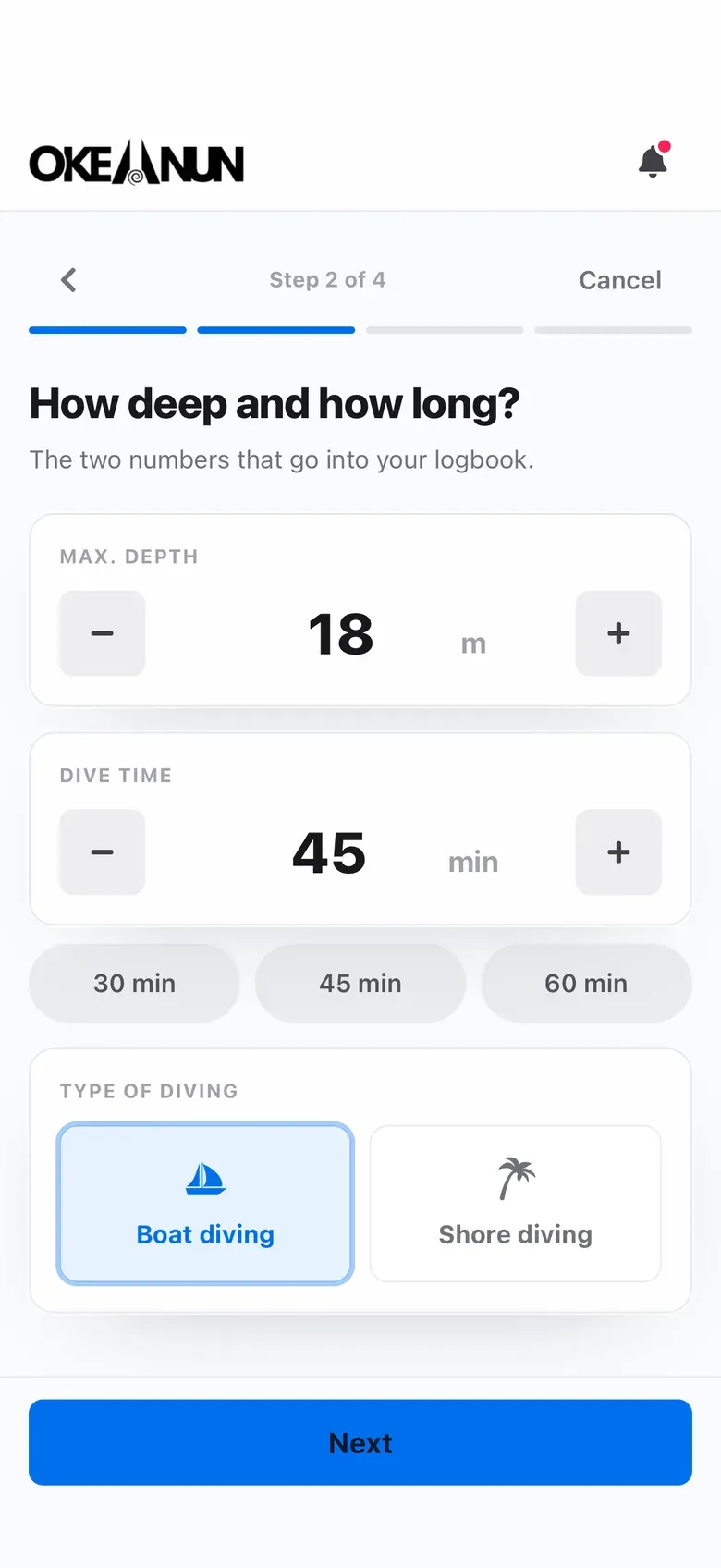 Depth and time step of the dive log with maximum depth, dive time and type of diving
