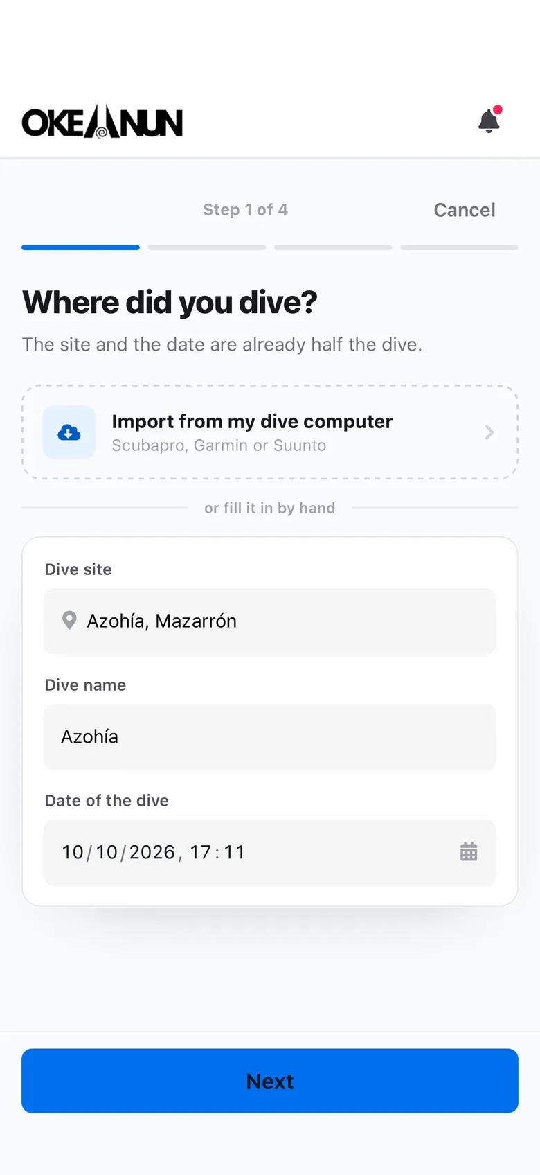 First step of the dive log with the option to import from a dive computer and the dive site