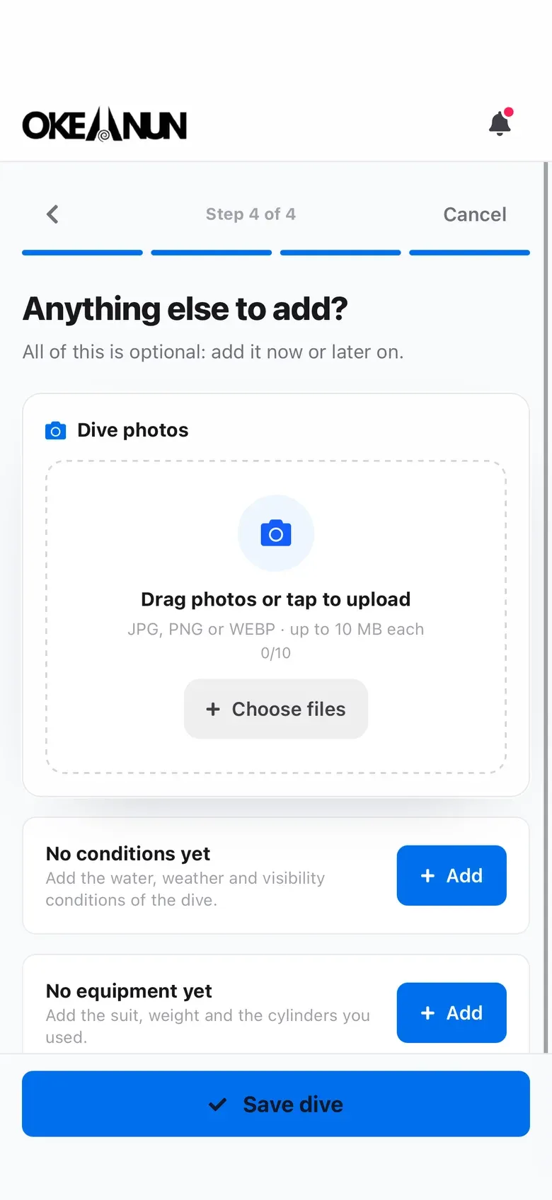 Last step of the dive log in the Okeanun app, with photos, conditions and equipment