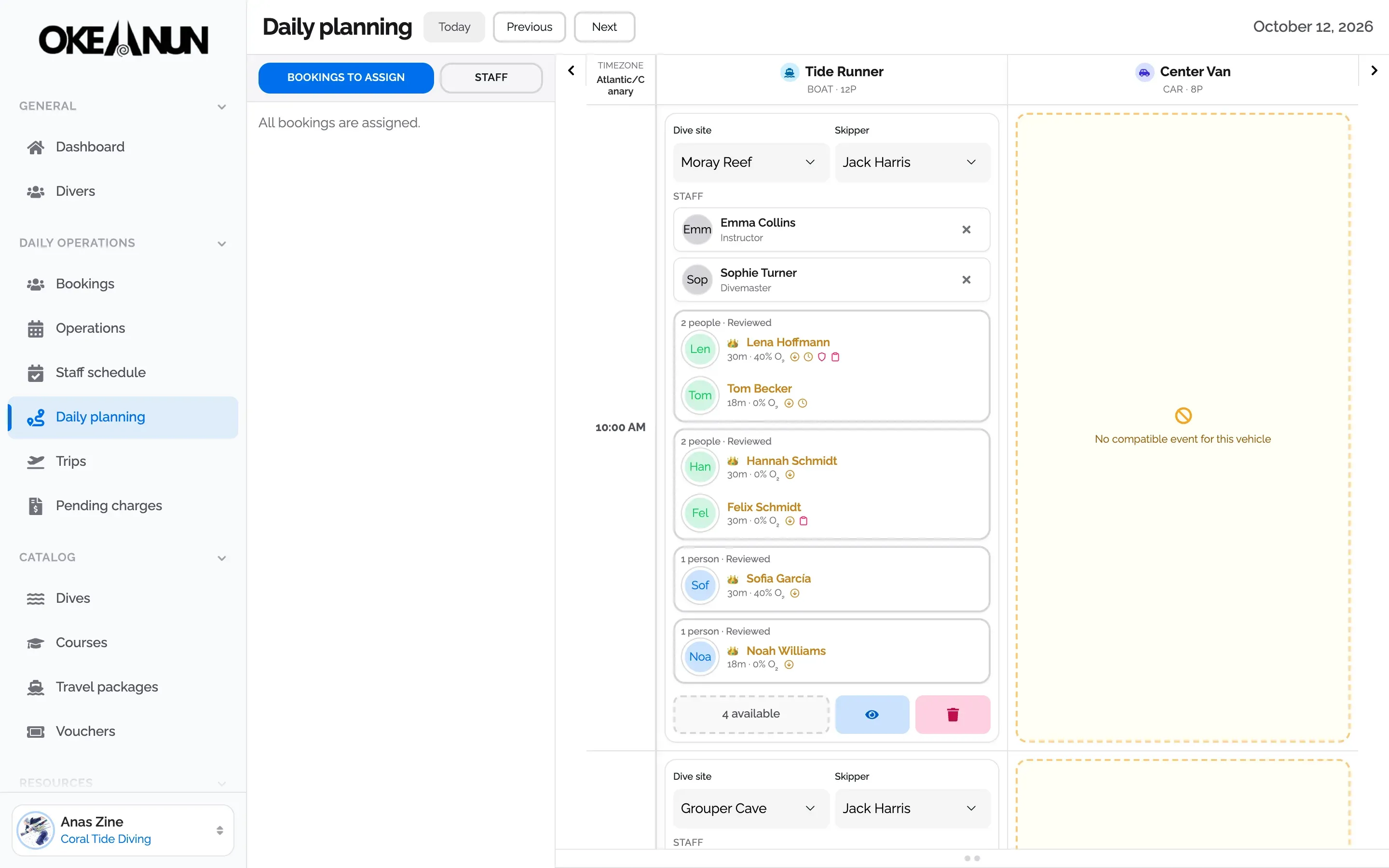 Okeanun Manager daily planner with a boat trip to Moray Reef, its skipper, two guides and the divers on board