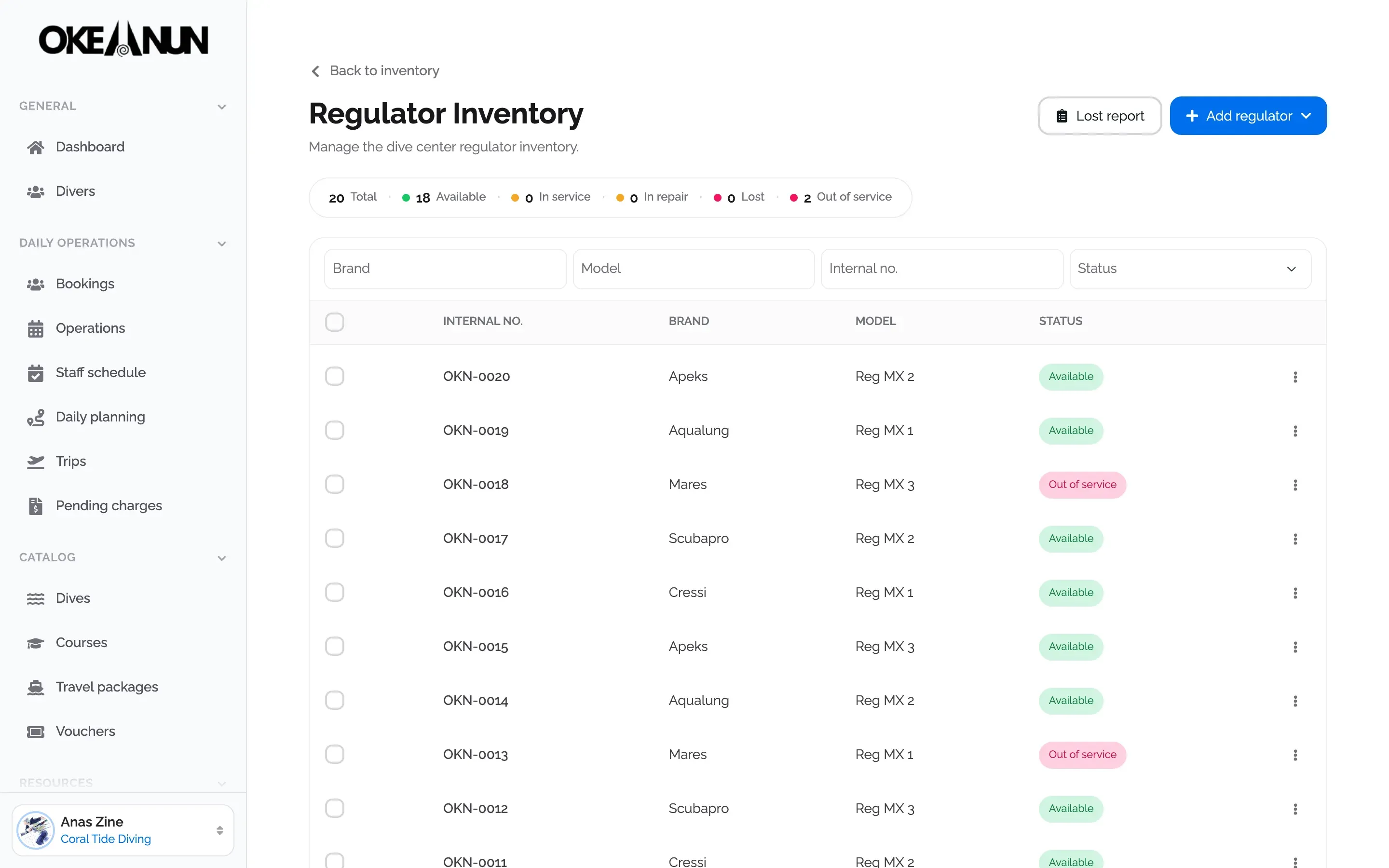 Regulator inventory with internal codes, brands, models and the status of each unit