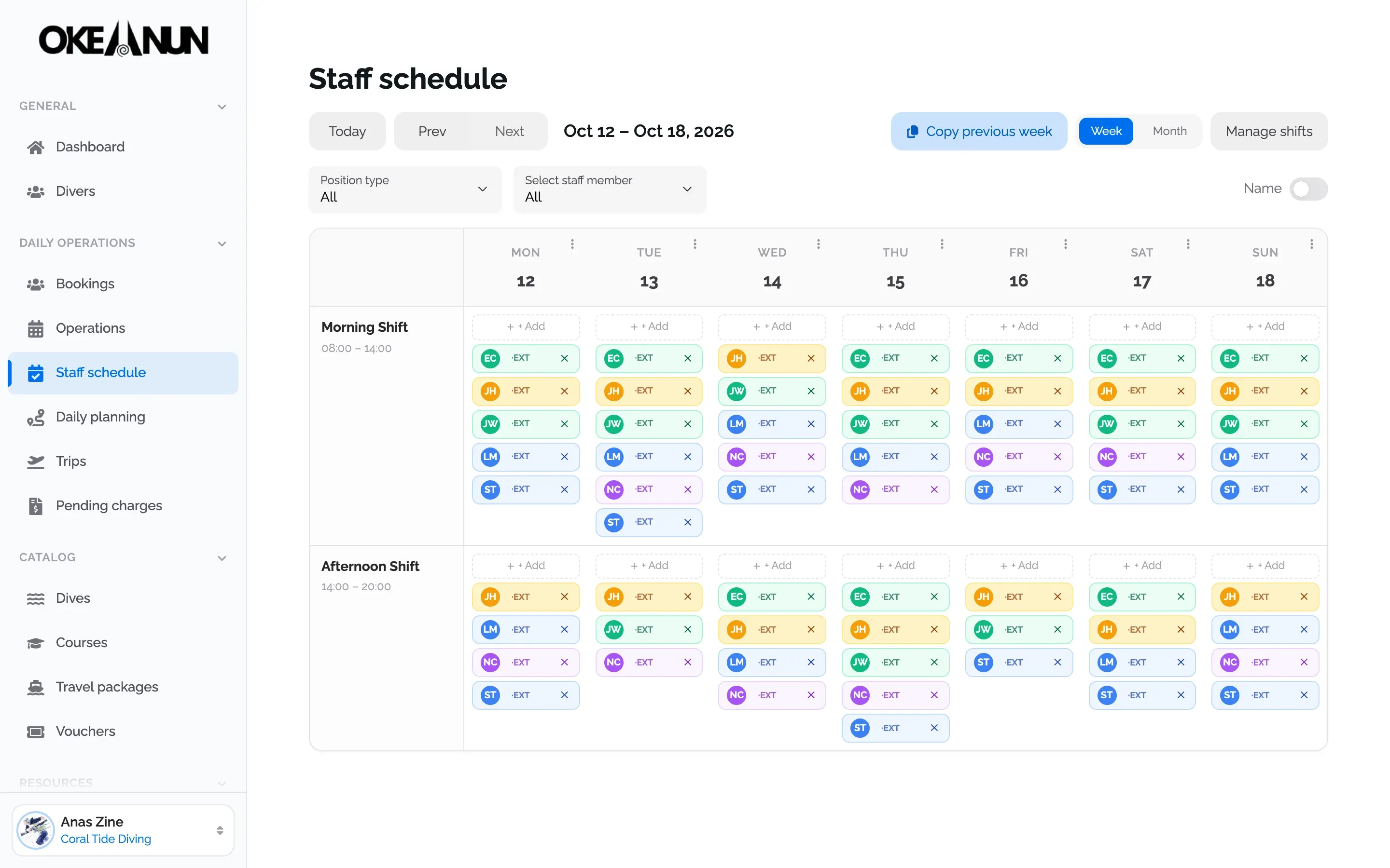 Weekly staff schedule with morning and afternoon shifts for instructors, divemasters and the skipper